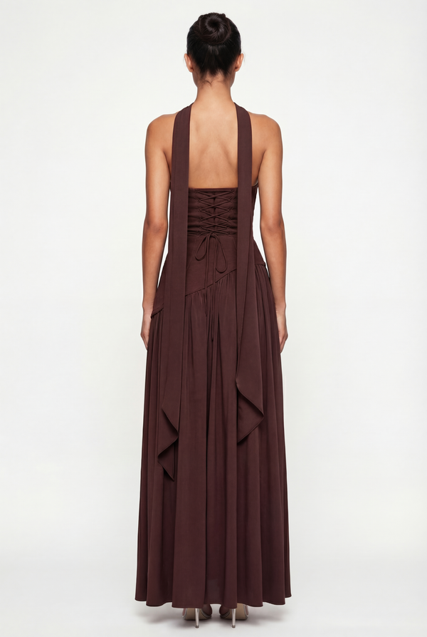 Etta Strapless Corset Maxi Dress with Scarf – Brown