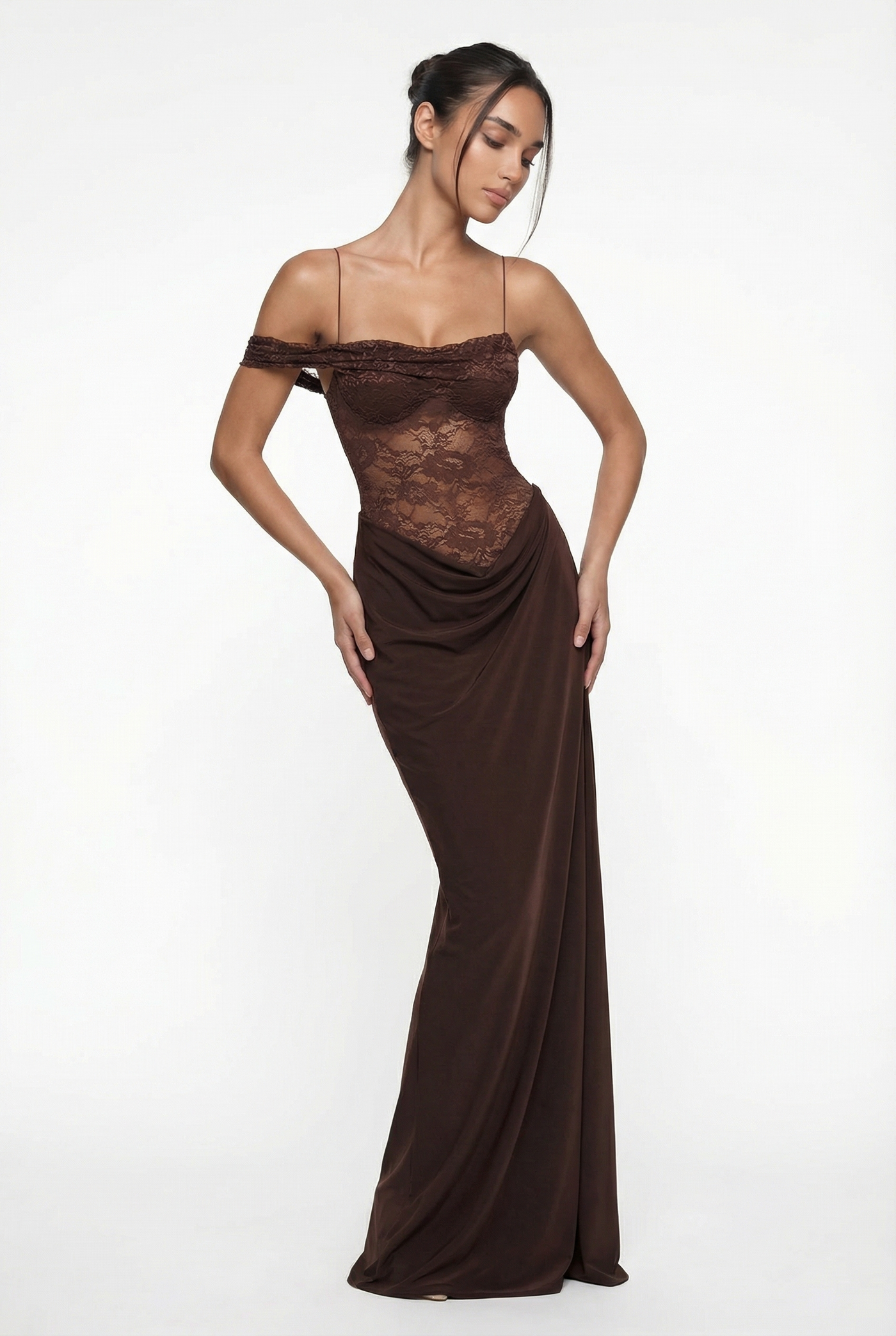 Oria Lace Bodice Maxi Dress – Brown