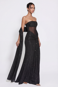 Lorena Sheer Panel Glitter Maxi Dress with Scarf – Black