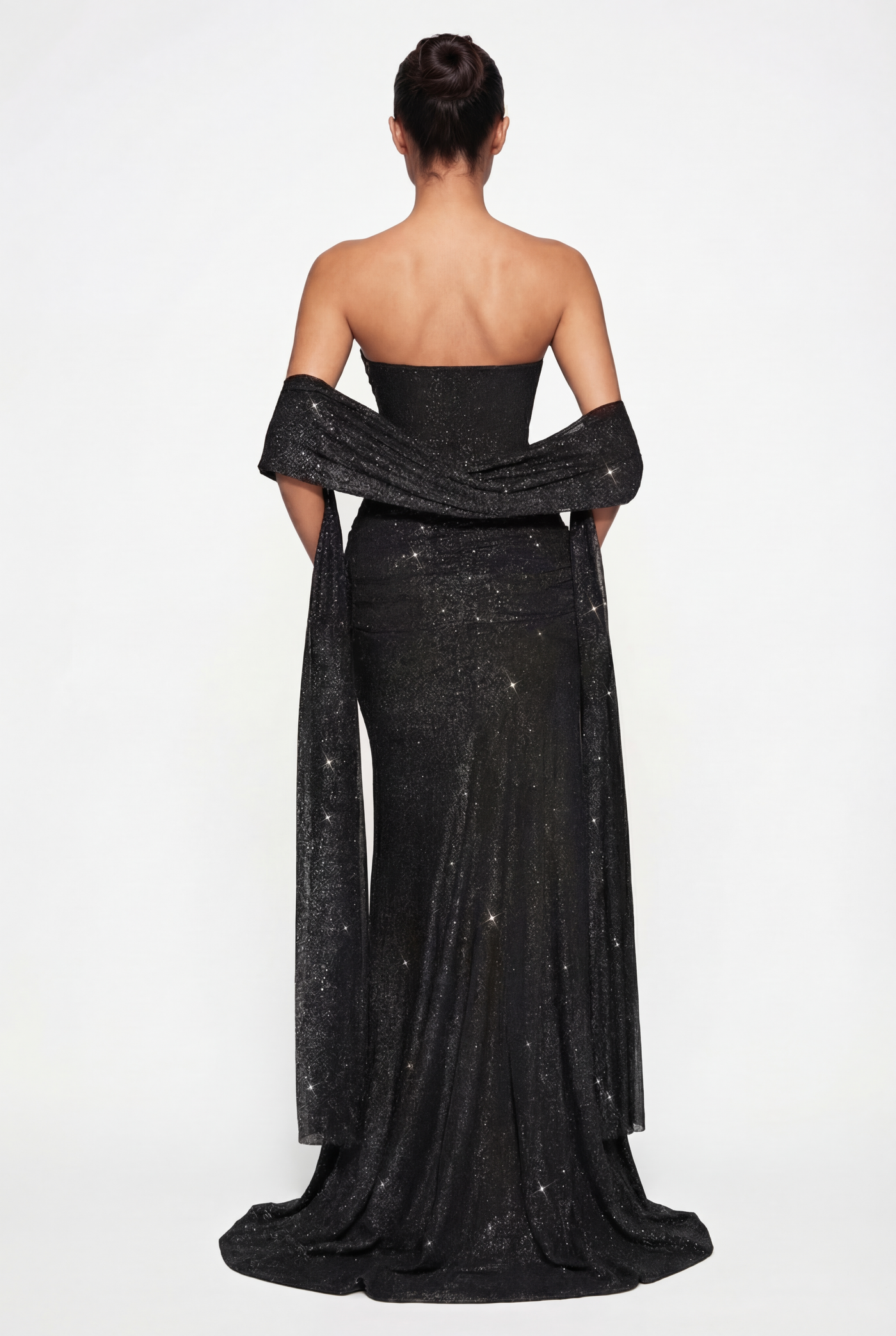 Lorena Sheer Panel Glitter Maxi Dress with Scarf – Black