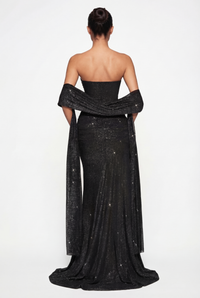 Lorena Sheer Panel Glitter Maxi Dress with Scarf – Black