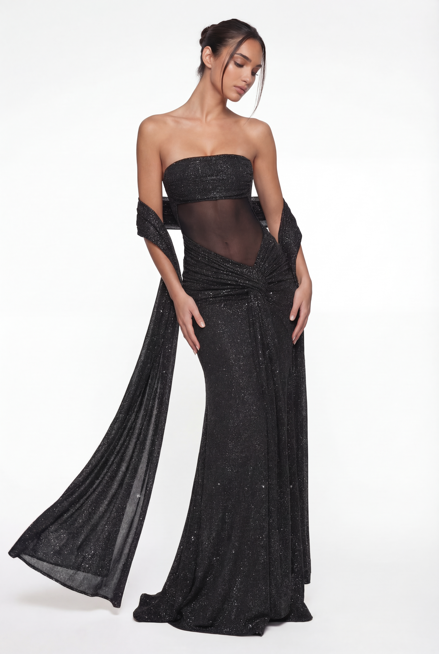 Lorena Sheer Panel Glitter Maxi Dress with Scarf – Black