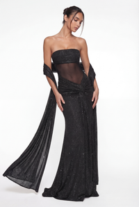 Lorena Sheer Panel Glitter Maxi Dress with Scarf – Black