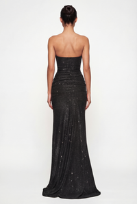 Lorena Sheer Panel Glitter Maxi Dress with Scarf – Black