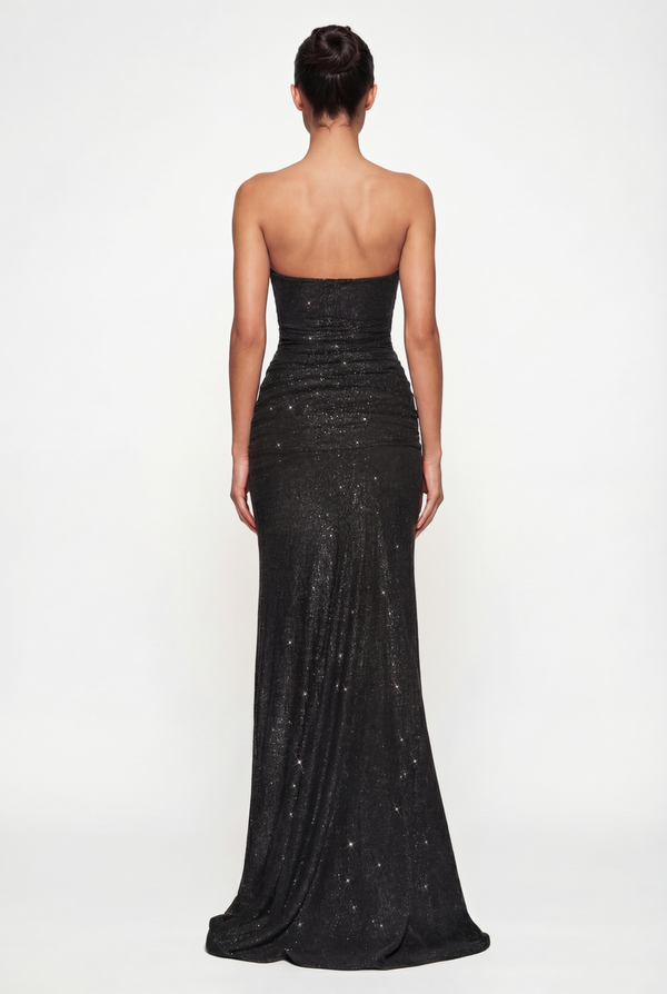 Lorena Sheer Panel Glitter Maxi Dress with Scarf – Black