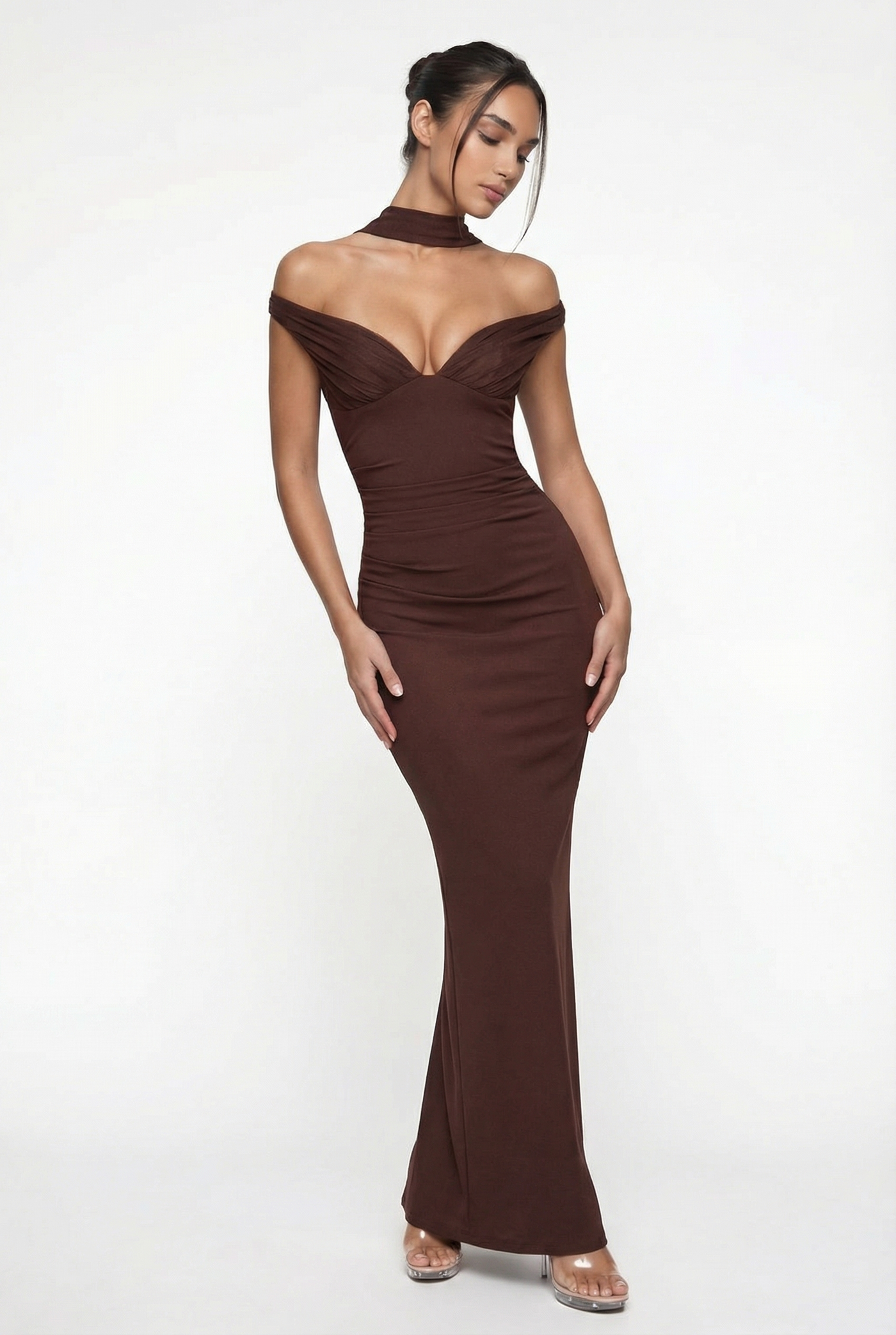 Serena Off-Shoulder Maxi Dress with Scarf – Brown