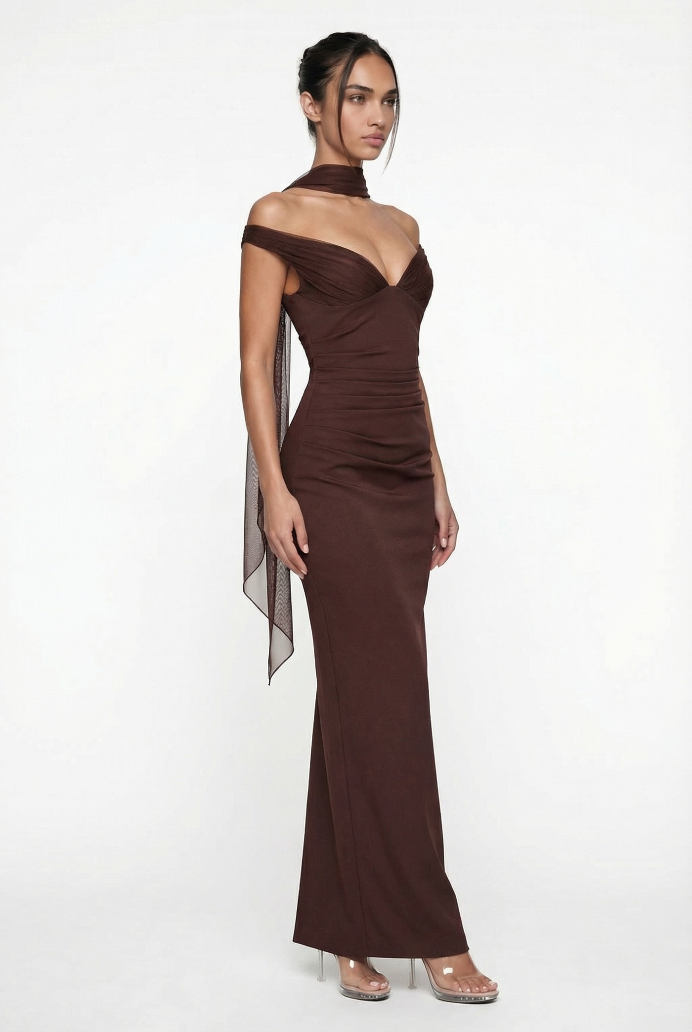 Serena Off-Shoulder Maxi Dress with Scarf – Brown