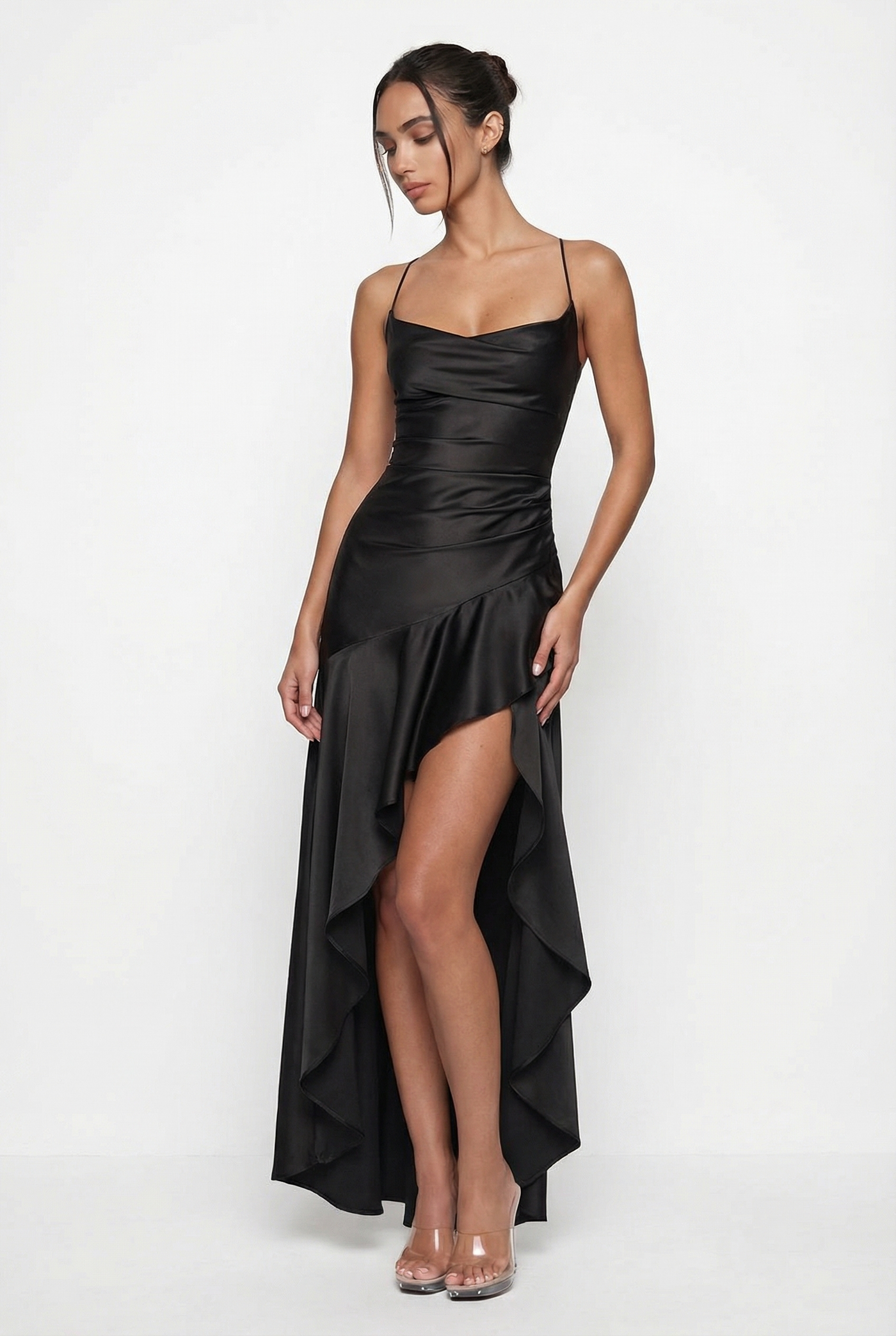 Stella Strappy Back Satin Maxi Dress – Black