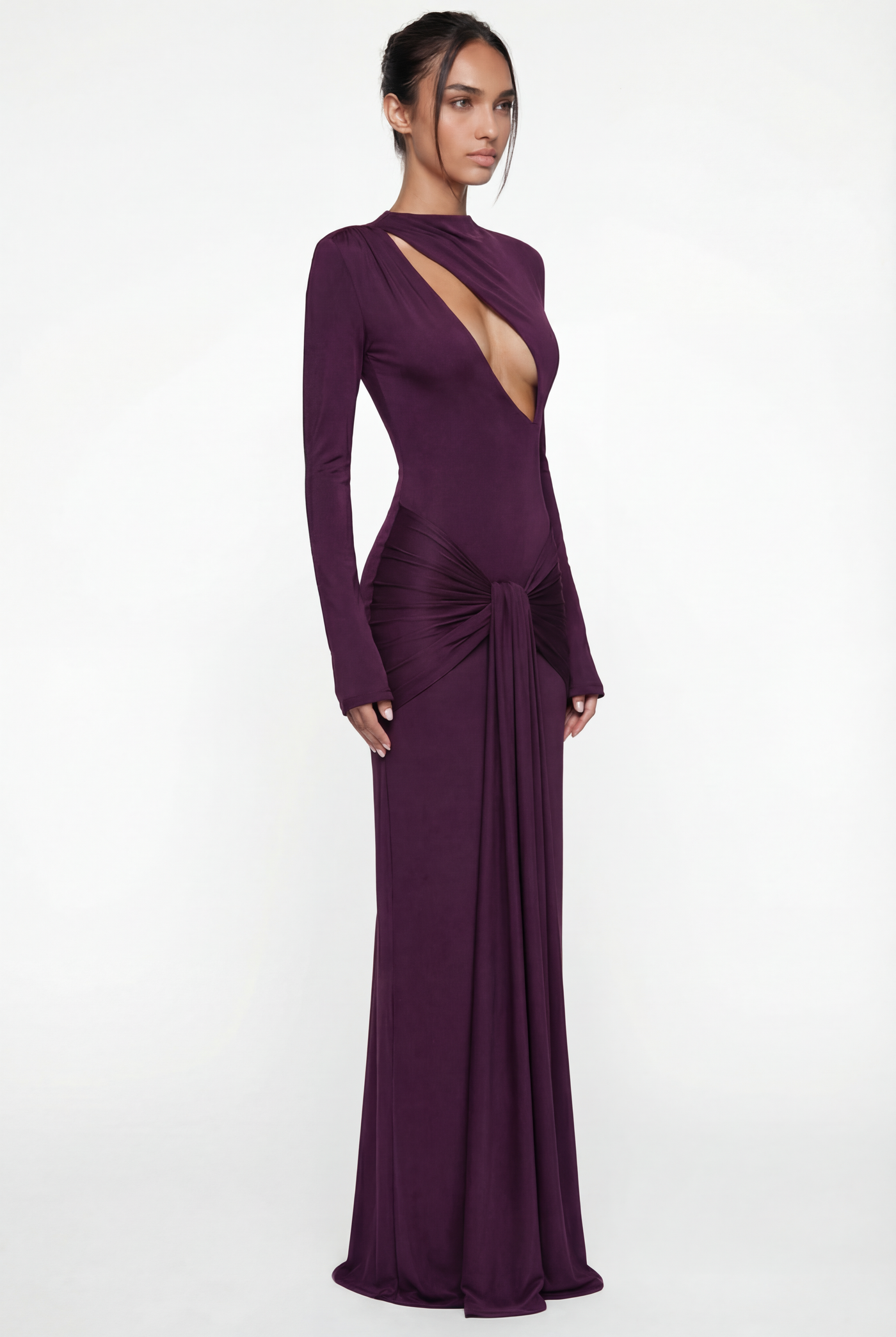 Elma Long Sleeve Cut-Out Draped Maxi Dress – Plum