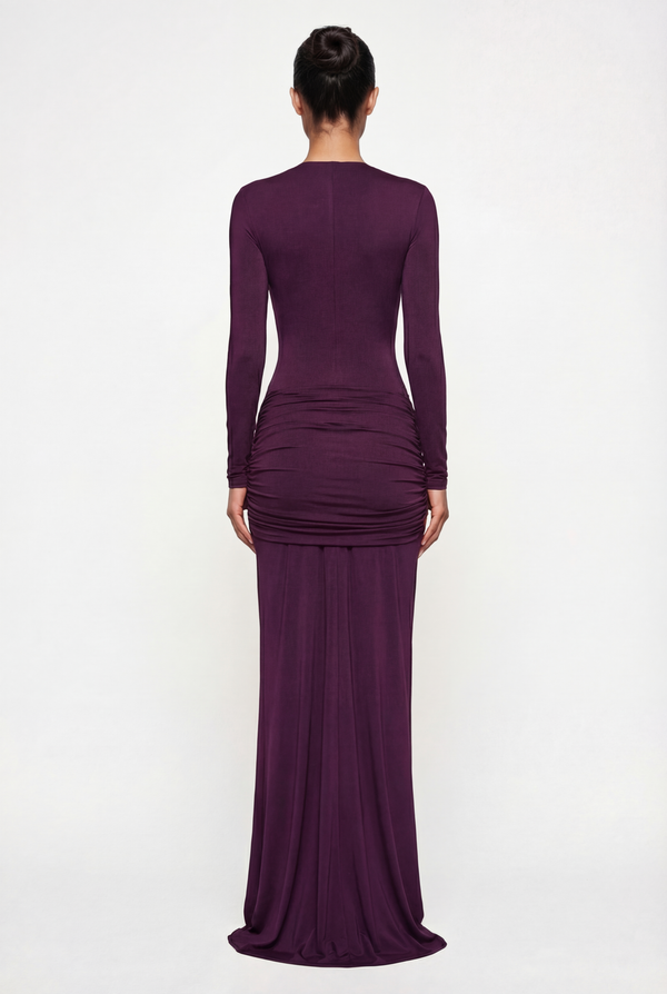 Elma Long Sleeve Cut-Out Draped Maxi Dress – Plum