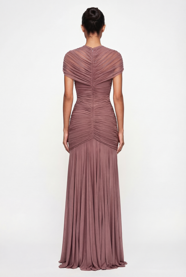 Violeta Sheer Ruched Cut-Out Maxi Dress – Dusty Rose