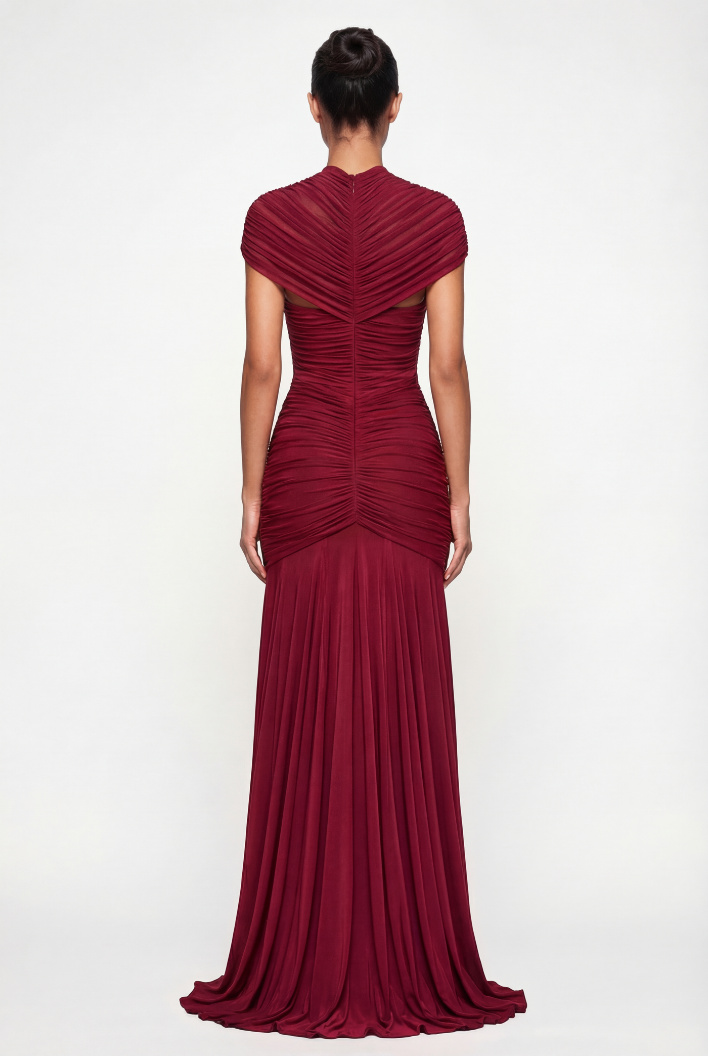 Violeta Sheer Ruched Cut-Out Maxi Dress – Burgundy