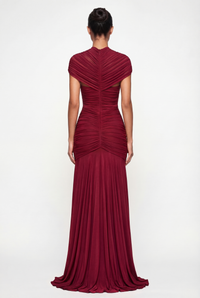 Violeta Sheer Ruched Cut-Out Maxi Dress – Burgundy