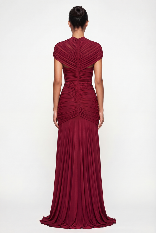Violeta Sheer Ruched Cut-Out Maxi Dress – Burgundy