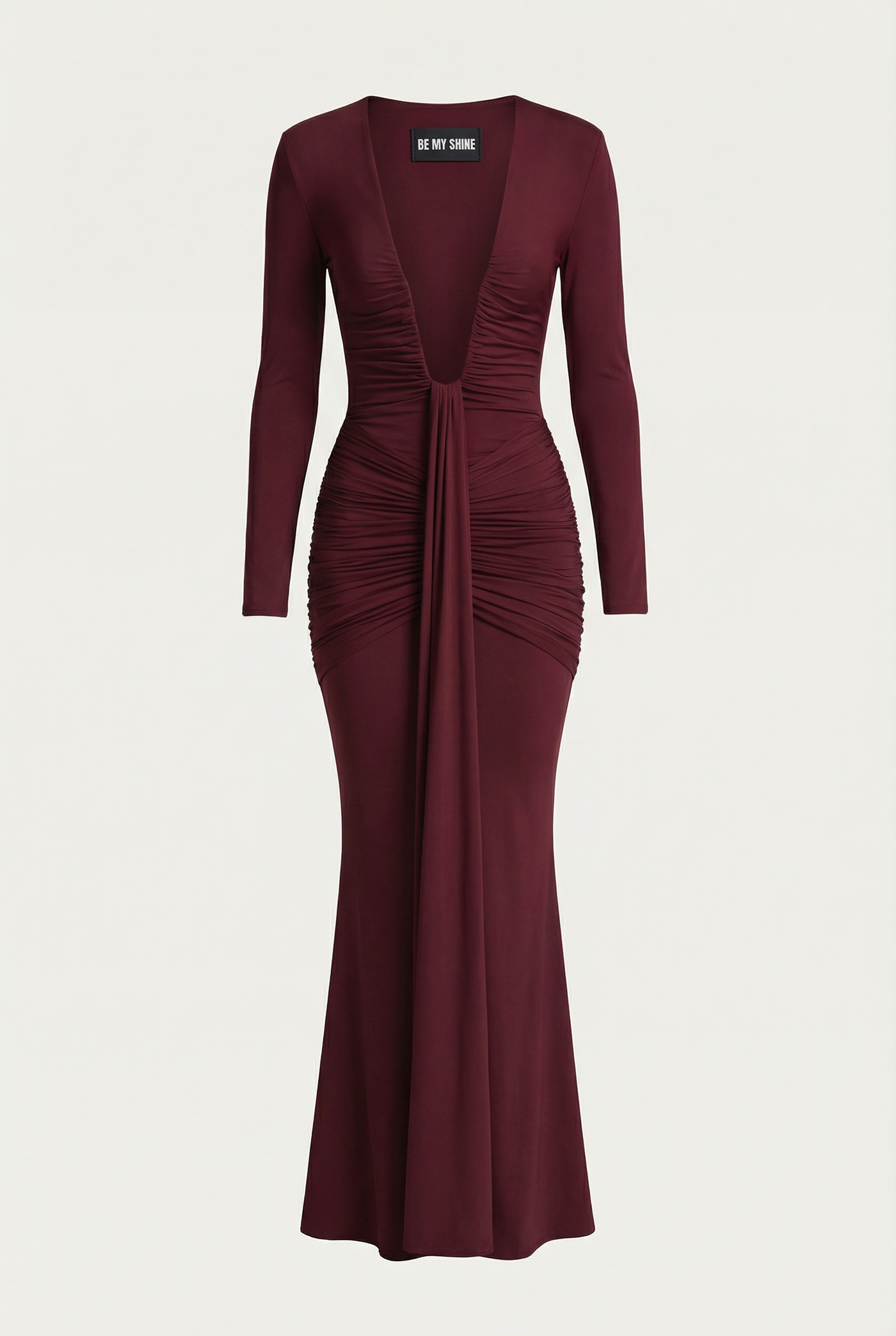 Bella Ruched Deep Plunge Maxi Dress – Burgundy