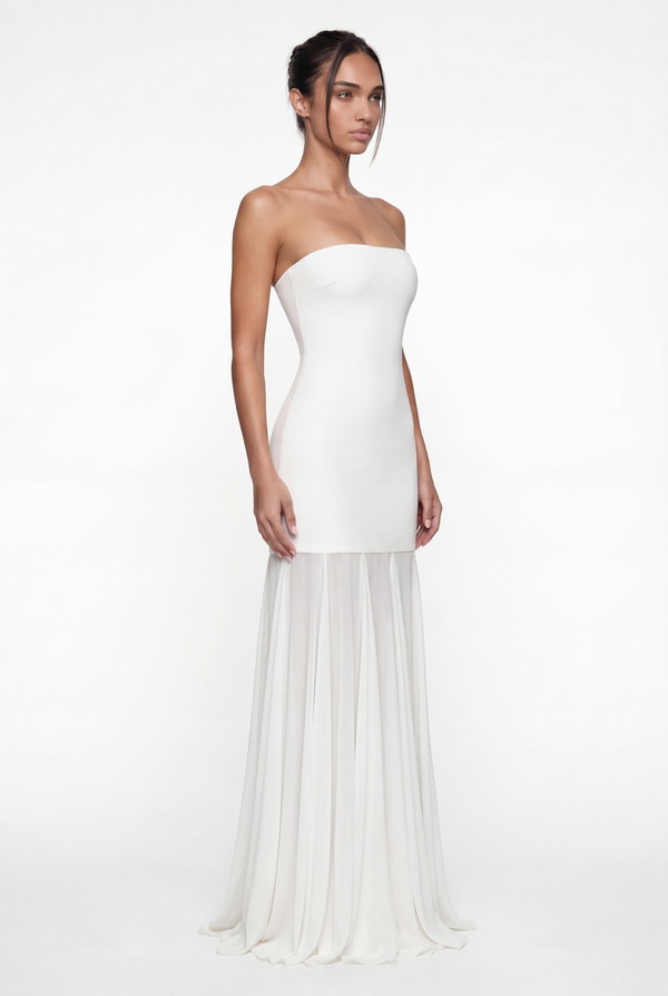 Avery Strapless Sculpted Maxi Dress with Scarf - White