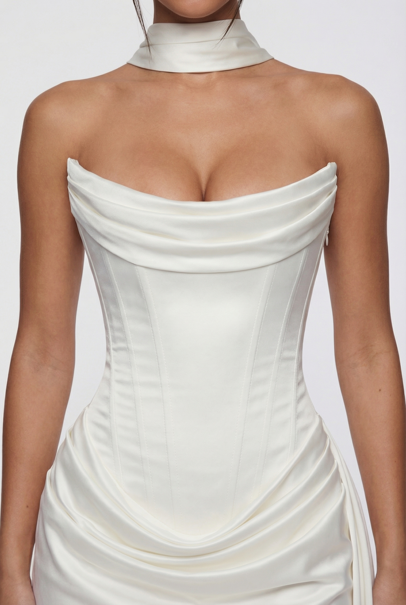 Blanca Draped Satin Corset Mini Dress with Scarf – White
