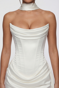 Blanca Draped Satin Corset Mini Dress with Scarf – White