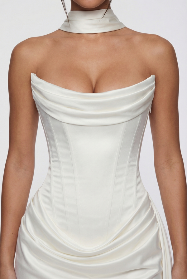 Blanca Draped Satin Corset Mini Dress with Scarf – White