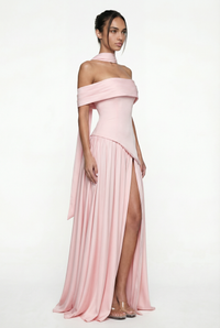 Clarence Off-Shoulder Maxi Dress with Scarf – Pink