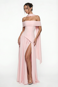 Clarence Off-Shoulder Maxi Dress with Scarf – Brown