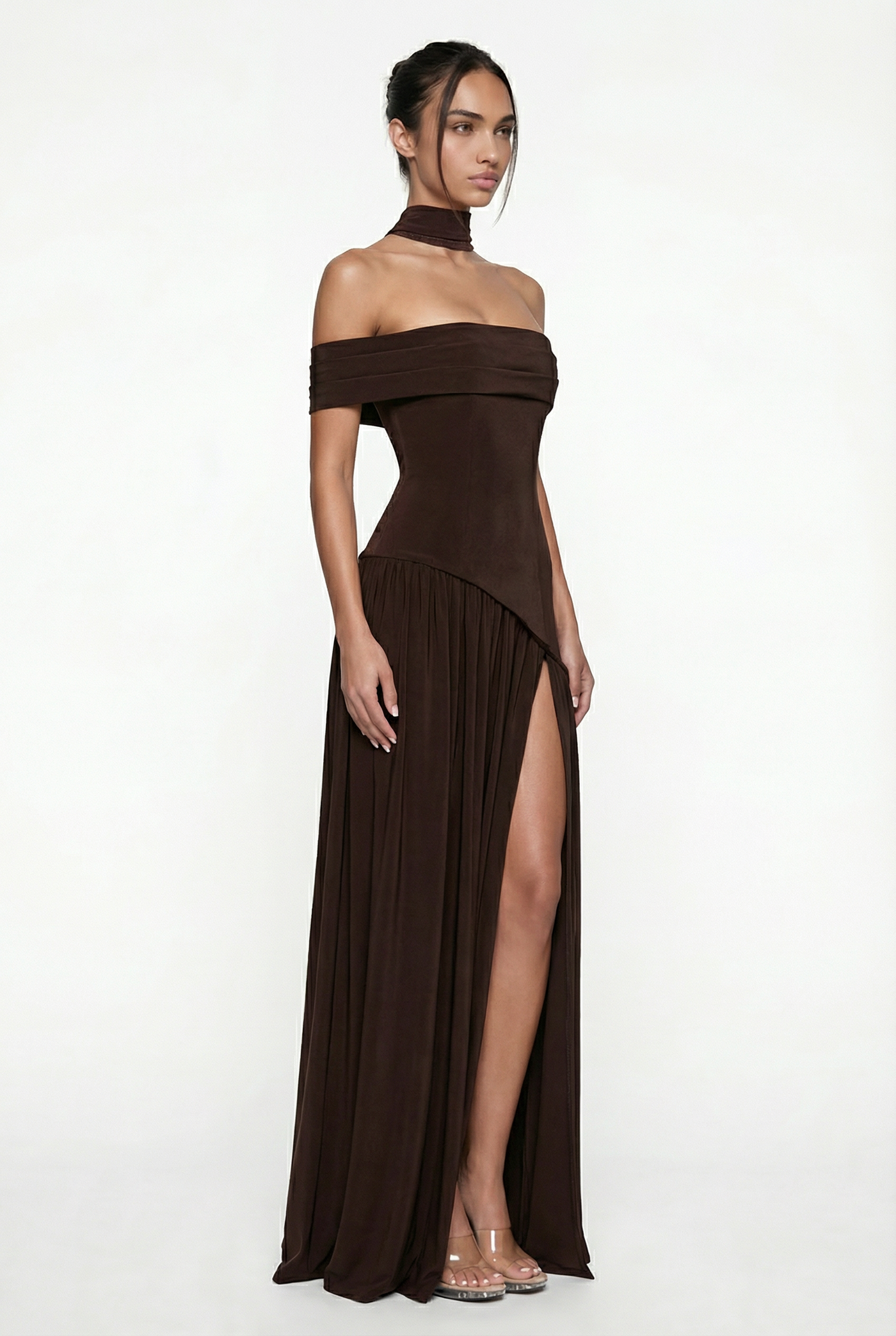 Clarence Off-Shoulder Maxi Dress with Scarf – Brown