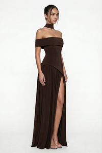 Clarence Off-Shoulder Maxi Dress with Scarf – Brown