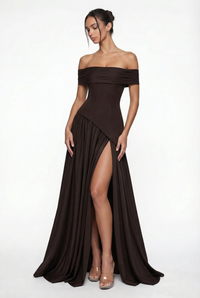 Clarence Off-Shoulder Maxi Dress with Scarf – Brown