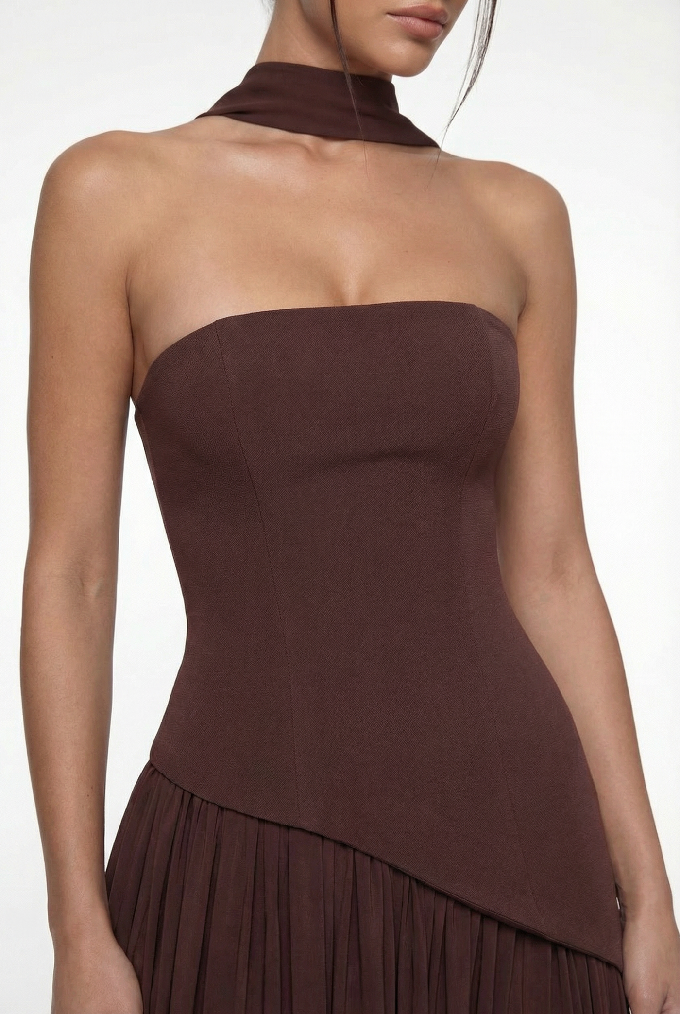 Etta Strapless Corset Maxi Dress with Scarf – Brown