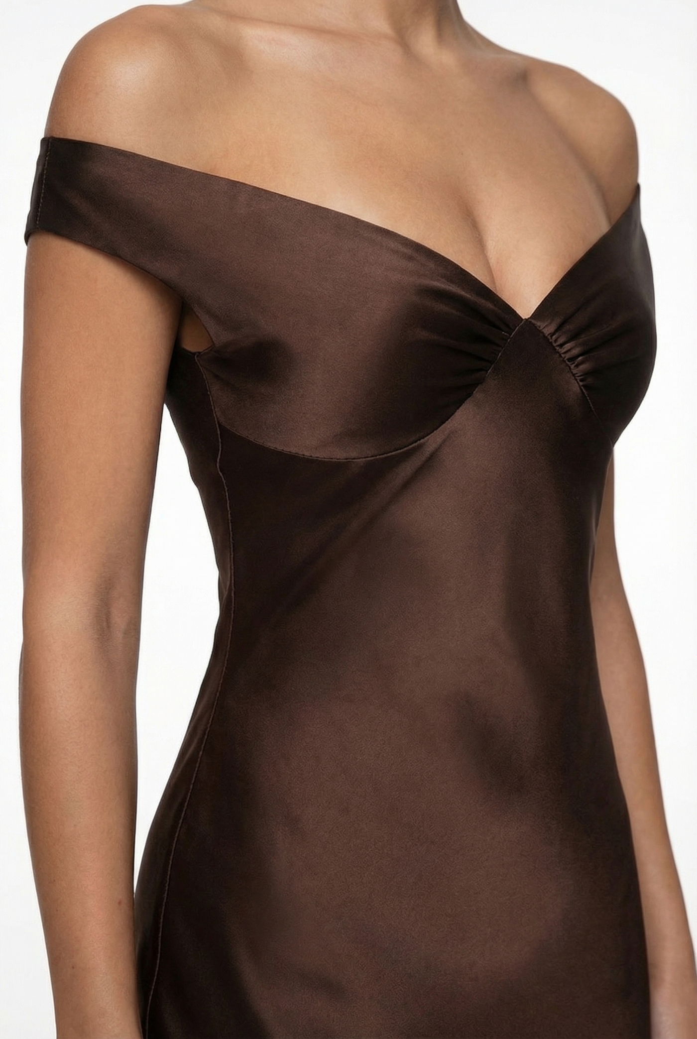 Keely Off-Shoulder Satin Maxi Dress – Brown
