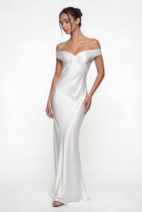 Keely Off-Shoulder Satin Maxi Dress – White