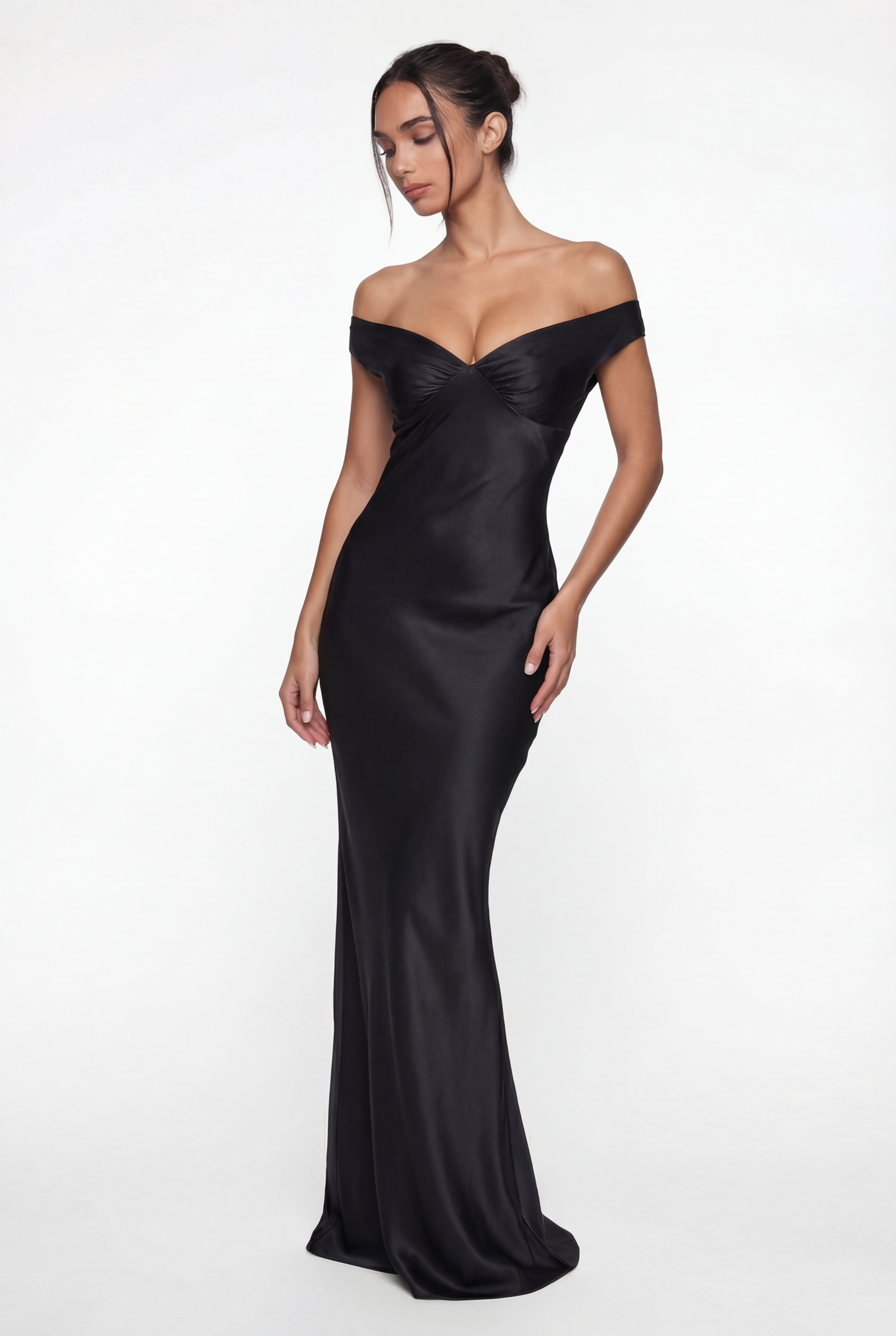Keely Off-Shoulder Satin Maxi Dress – Black