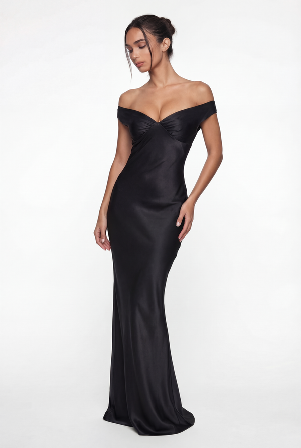Keely Off-Shoulder Satin Maxi Dress – Black
