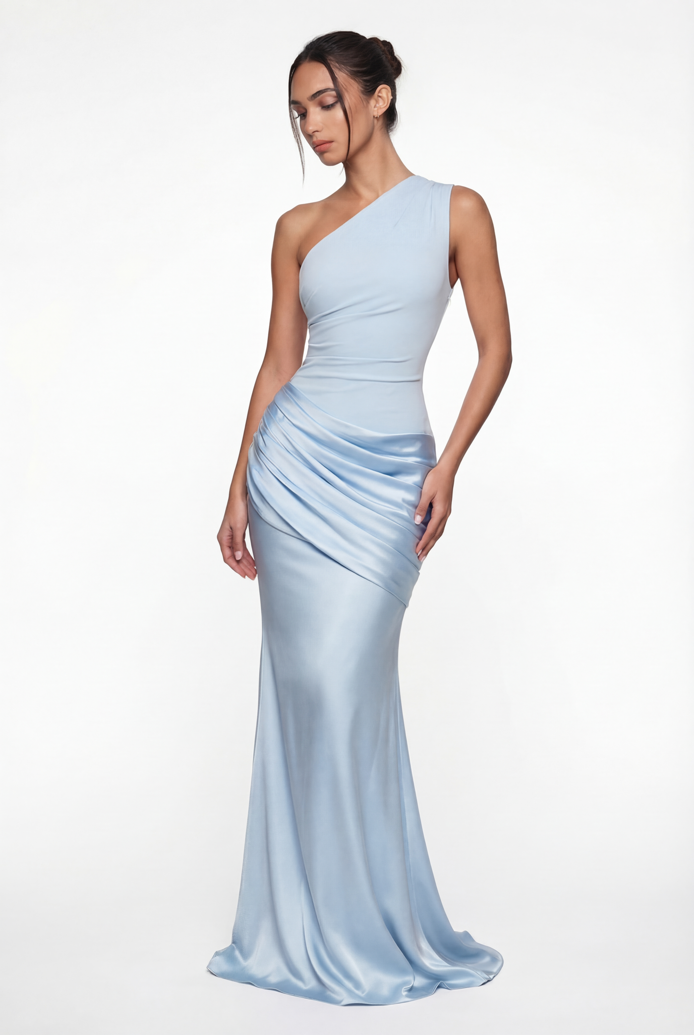 Liliane Asymmetric Draped Satin Maxi Dress – Blue