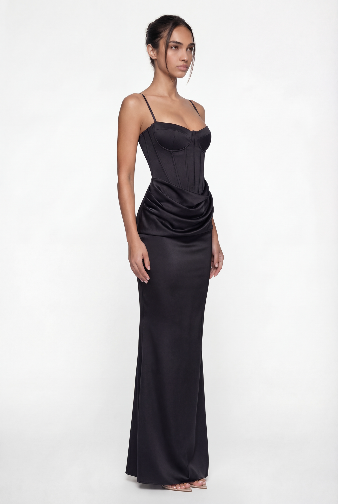 Madison Corset Satin Maxi Dress – Black