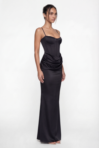 Madison Corset Satin Maxi Dress – Black