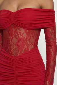 Marie Off-Shoulder Ruched Mini Dress – Red