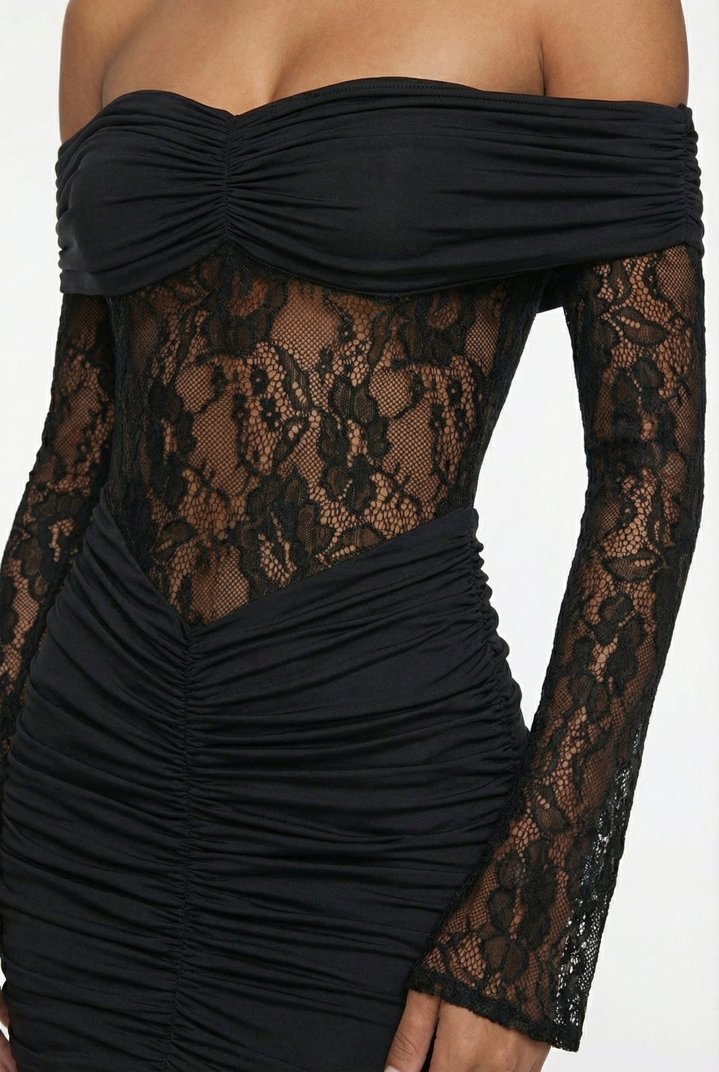 Marie Off-Shoulder Ruched Mini Dress – Black