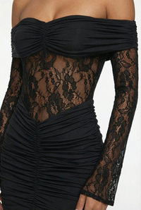 Marie Off-Shoulder Ruched Mini Dress – Black