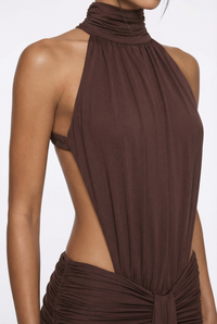 Millie Halter Neck Ruched Maxi Dress – Brown