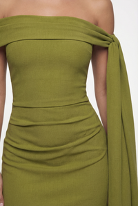 Nadine Off-Shoulder Draped Maxi Dress – Olive