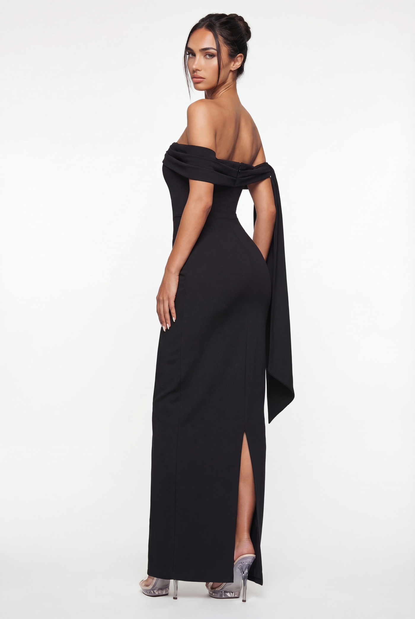 Nadine Off-Shoulder Draped Maxi Dress – Black