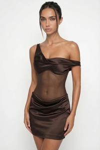 Nelly One-Shoulder Satin Mini Dress – Brown