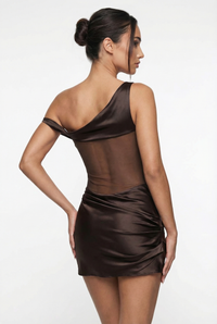 Nelly One-Shoulder Satin Mini Dress – Brown