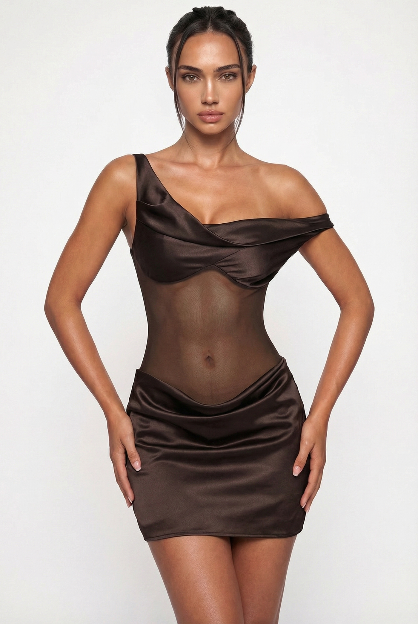 Nelly One-Shoulder Satin Mini Dress – Brown