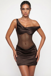 Nelly One-Shoulder Satin Mini Dress – Brown