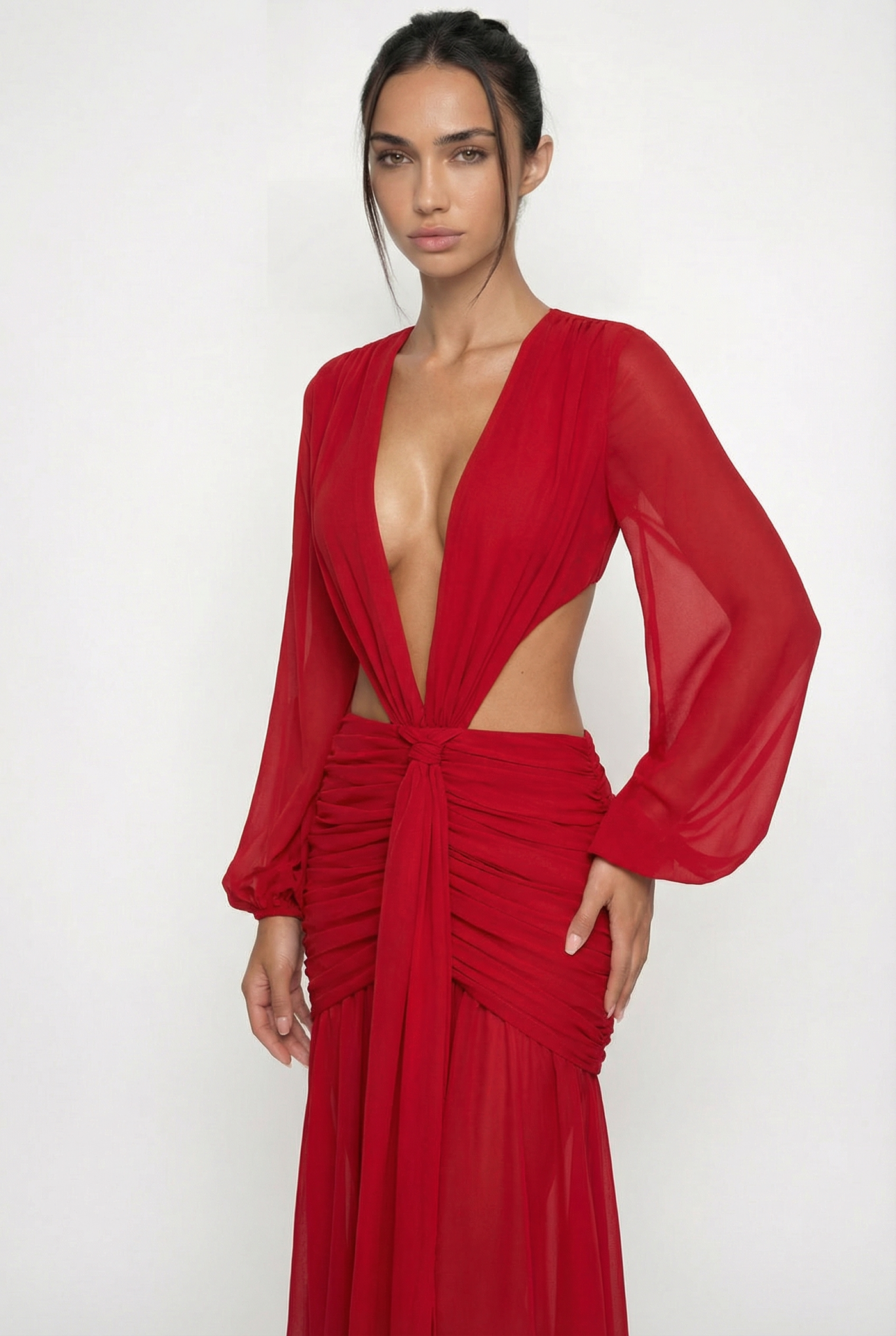 Raya Ruched Cut-Out Maxi Dress – Red