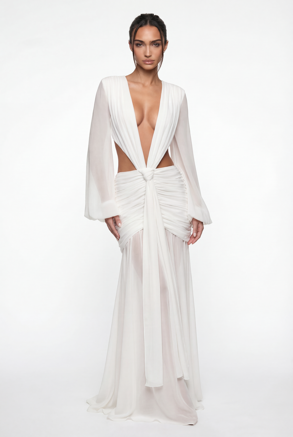 Raya Ruched Cut-Out Maxi Dress – White