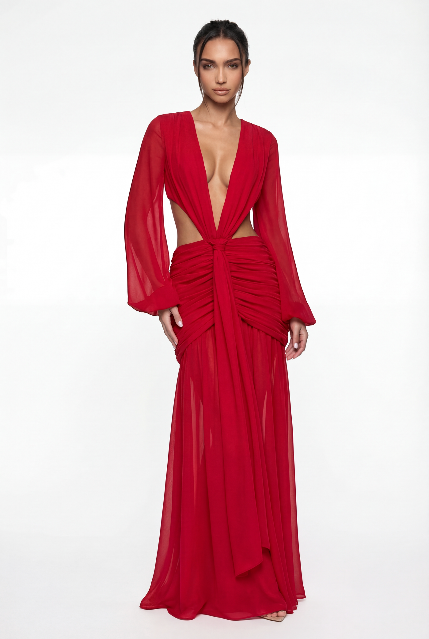 Raya Ruched Cut-Out Maxi Dress – Red