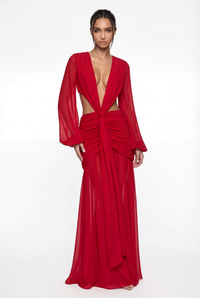 Raya Ruched Cut-Out Maxi Dress – Red